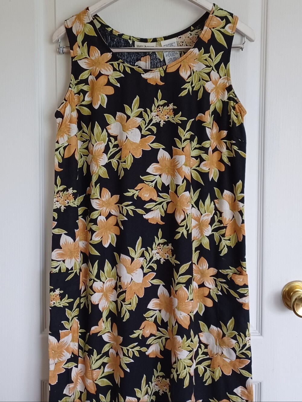 WHITE STAG LADIES MEDIUM (8/10) LINEN BLEND SLEEVELESS SHIFT DRESS BLACK/FLORAL
